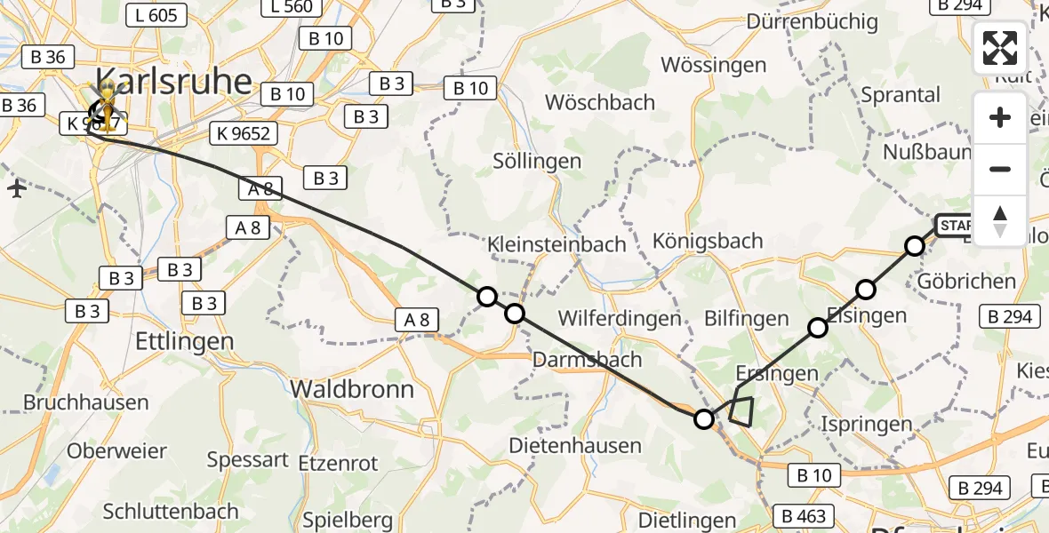 Flugroute Ambulanzhubschrauber Neulingen - Sankt Vincentius Hospital, 09 Juli 2026, 15:15