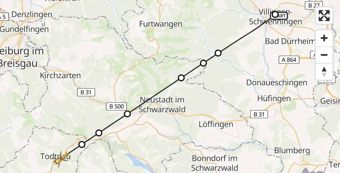 Flugroute Ambulanzhubschrauber DRF Air Rescue Station Villingen-Schwenningen Hubschrauberlandeplatz (Christoph 11) - Todtnau, 09 Juli 2026, 15:15