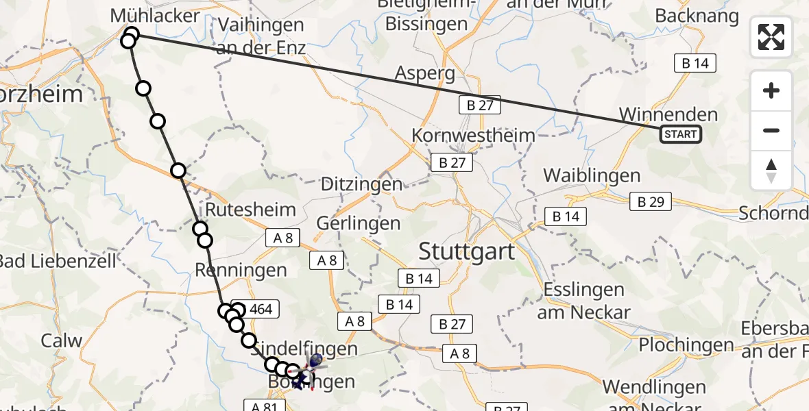 Flugroute Polizeihubschrauber Winnenden - Böblingen, 09 Juli 2026, 15:16