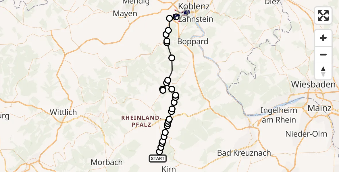 Flugroute Polizeihubschrauber Bruschied - Koblenz-Winningen Flugplatz, 09 Juli 2026, 15:22
