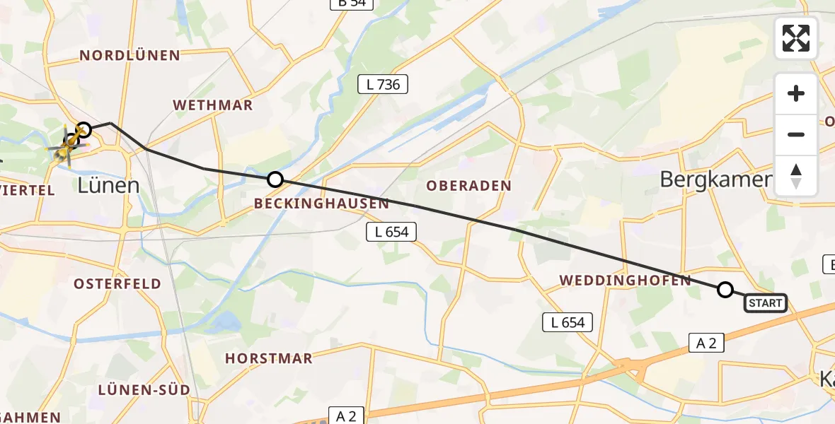Flugroute Rettungshubschrauber Kamen - Sankt Marien Hospital, 09 Juli 2026, 15:24