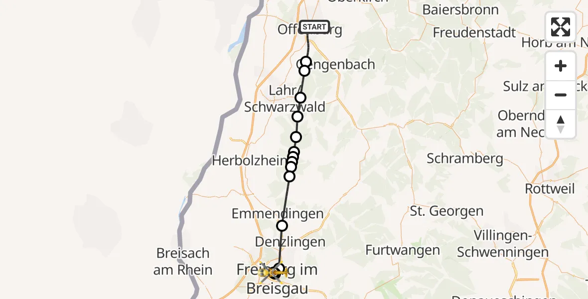 Flugroute Rettungshubschrauber Offenburg - Freiburg University Hospital Heliport 1, 09 Juli 2026, 15:27