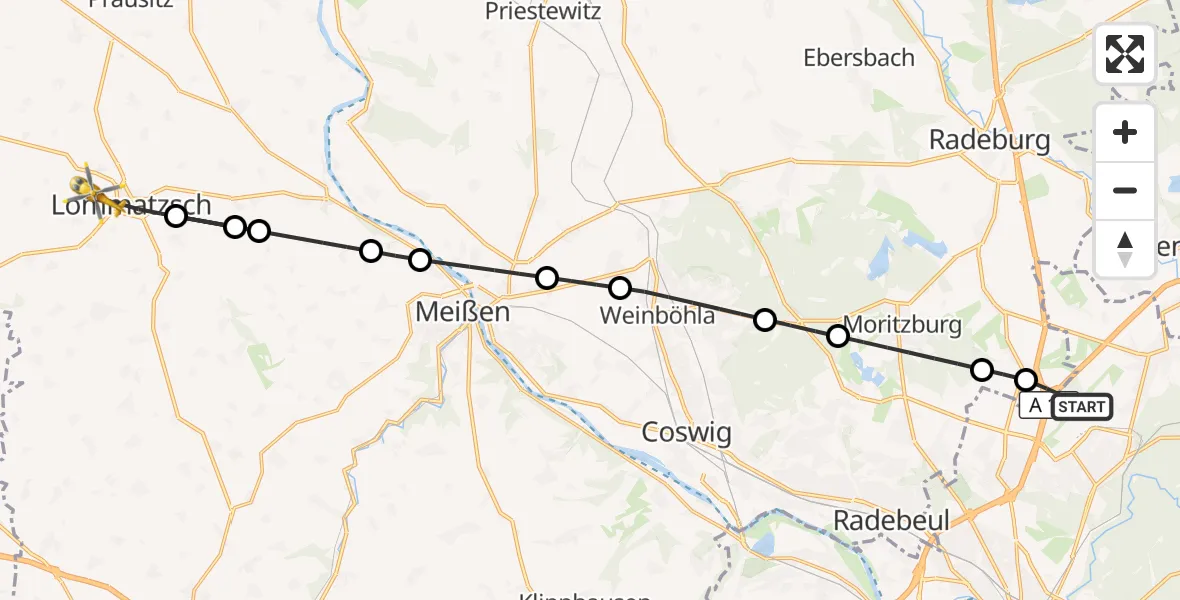 Flugroute Rettungshubschrauber Dresden Flughafen - Lommatzsch, 09 Juli 2026, 15:29