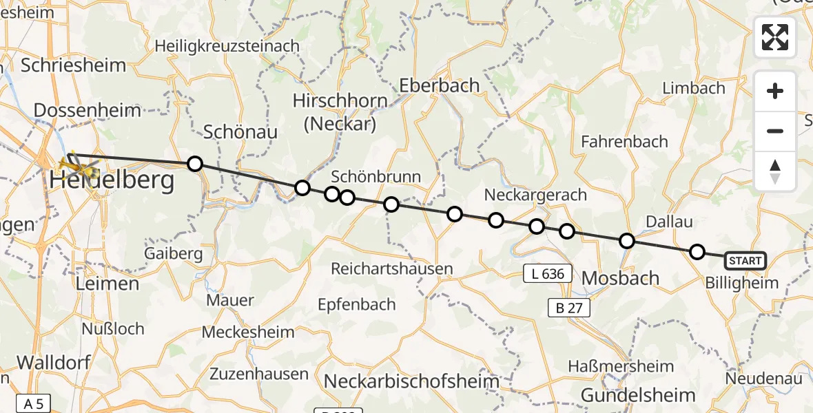Flugroute Rettungshubschrauber Billigheim - Heidelberg, 09 Juli 2026, 15:29