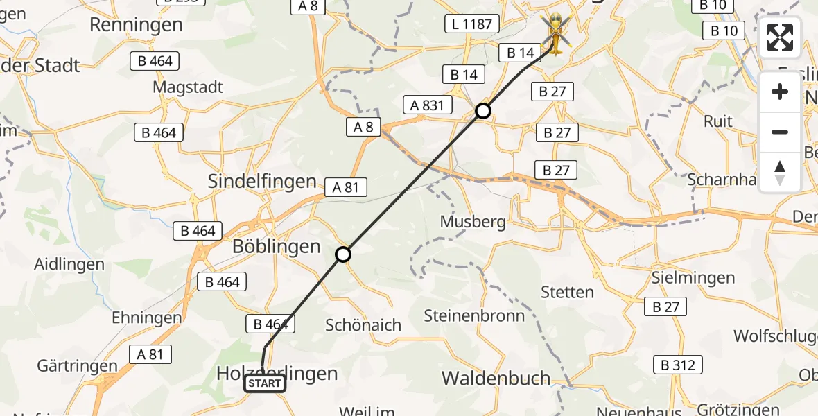 Flugroute Rettungshubschrauber Holzgerlingen - Stuttgart, 09 Juli 2026, 15:37