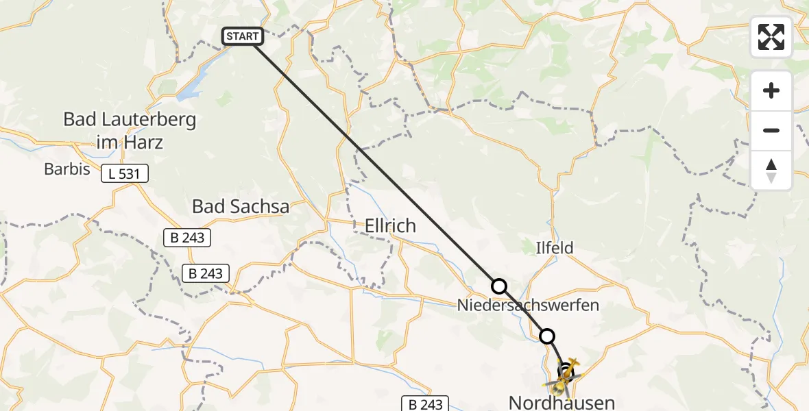 Flugroute Rettungshubschrauber Bad Lauterberg im Harz - Südharz Hospital Nordhausen, 09 Juli 2026, 15:39