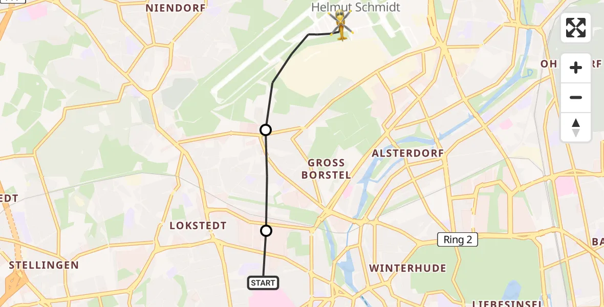 Flugroute Rettungshubschrauber Universitätsklinikum Hamburg-Eppendorf Hubschrauberlandeplatz - Hamburg Helmut Schmidt Flughafen, 09 Juli 2026, 15:41