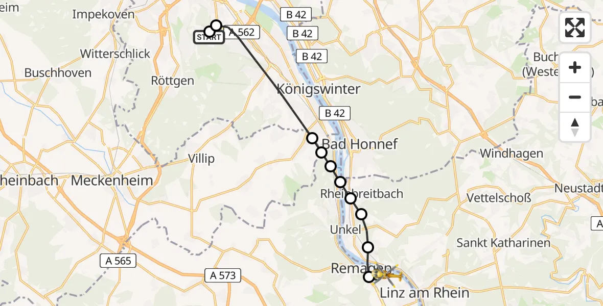 Flugroute Rettungshubschrauber Bonn University Hospital - Remagen, 09 Juli 2026, 15:41