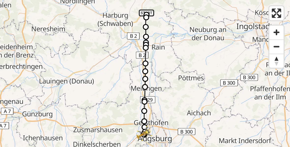 Flugroute Rettungshubschrauber Monheim - Augsburg University Hospital, 09 Juli 2026, 15:41