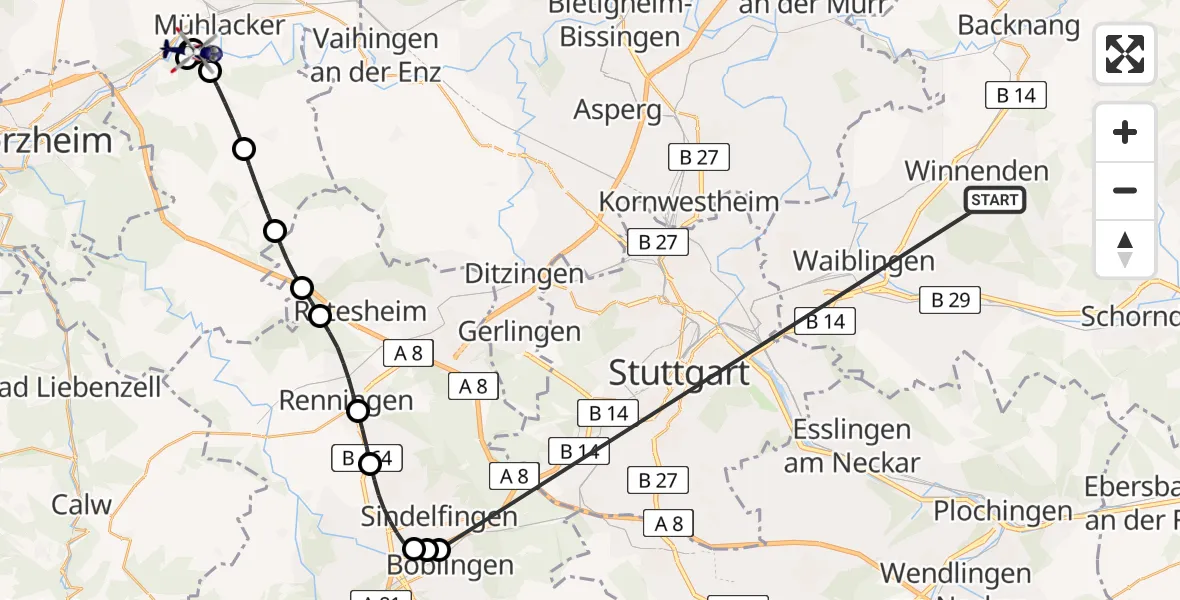 Flugroute Polizeihubschrauber Winnenden - Hangensteiner Hof Flugplatz, 09 Juli 2026, 15:41