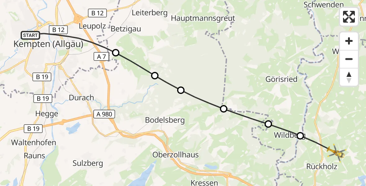 Flugroute Rettungshubschrauber Kempten (Allgäu) - Rückholz, 09 Juli 2026, 15:45