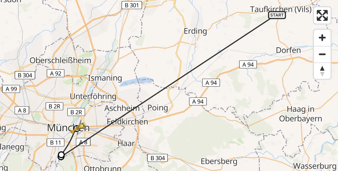 Flugroute Rettungshubschrauber Taufkirchen (Vils) - Rechts der Isar University Hospital, 09 Juli 2026, 15:47