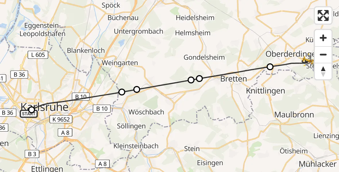 Flugroute Ambulanzhubschrauber Sankt Vincentius Hospital - Oberderdingen, 09 Juli 2026, 15:49