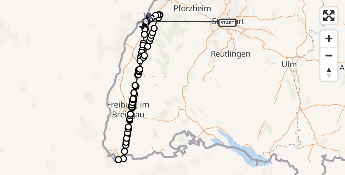 Flugroute Polizeihubschrauber Stuttgart - Karlsruhe Baden-Baden Flughafen, 09 Juli 2026, 15:50