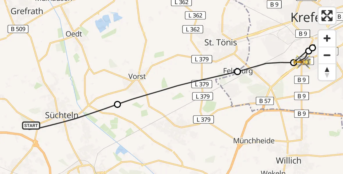 Flugroute Rettungshubschrauber Viersen - Krefeld, 09 Juli 2026, 15:50