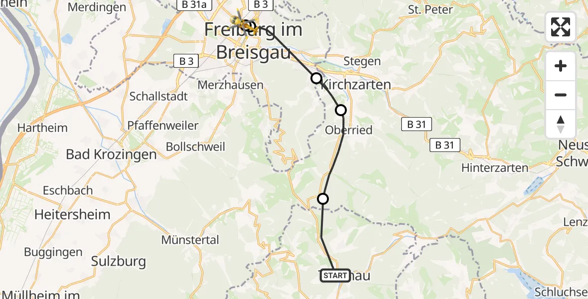 Flugroute Ambulanzhubschrauber Todtnau - Freiburg University Hospital Heliport 2, 09 Juli 2026, 16:01
