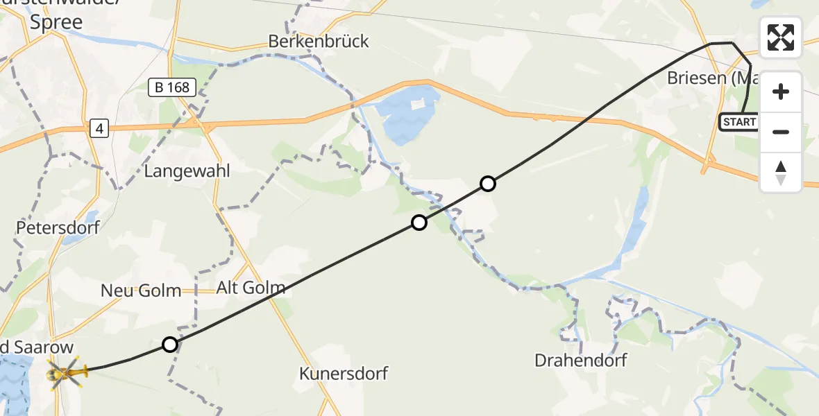 Flugroute Rettungshubschrauber Briesen (Mark) - Bad Saarow, 09 Juli 2026, 16:01