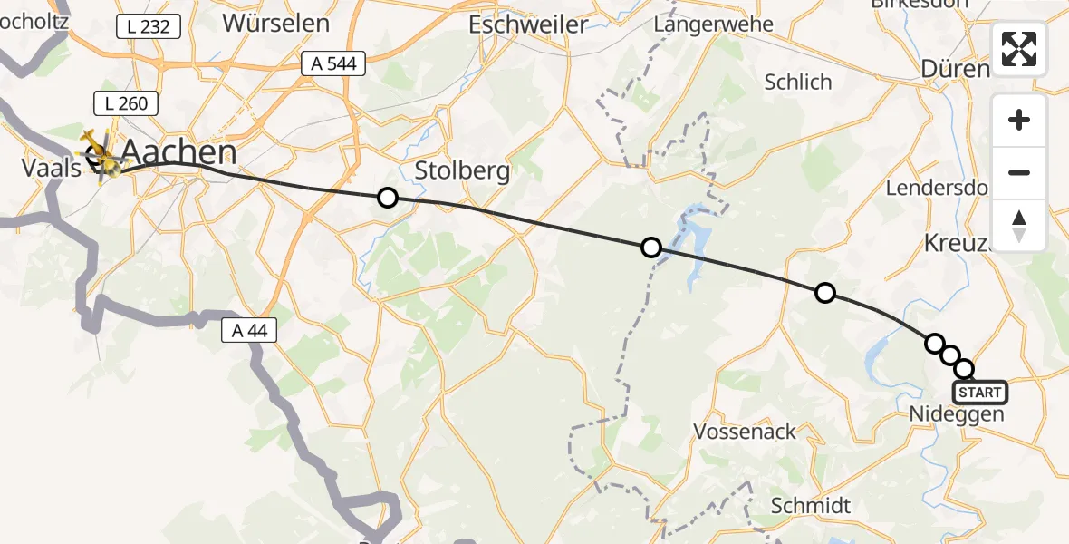 Flugroute Ambulanzhubschrauber Nideggen - Aachen Hospital, 09 Juli 2026, 16:02