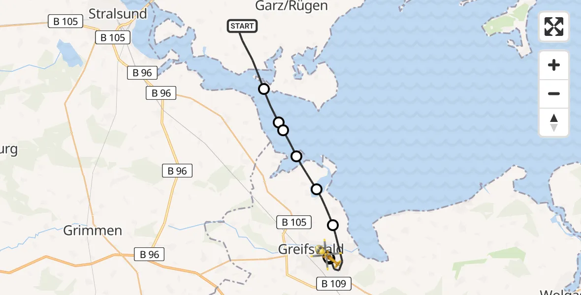 Flugroute Rettungshubschrauber Poseritz - Greifswald Hospital, 09 Juli 2026, 16:05