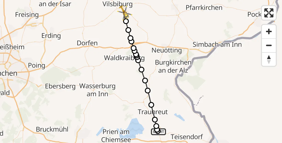Flugroute Rettungshubschrauber Traunstein Hospital - Bodenkirchen, 09 Juli 2026, 16:05