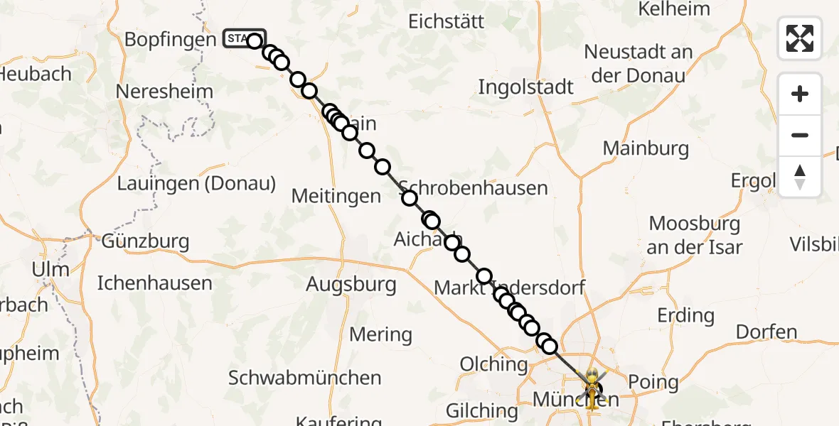 Flugroute Ambulanzhubschrauber Deiningen - München Bogenhausen Hospital, 09 Juli 2026, 16:07