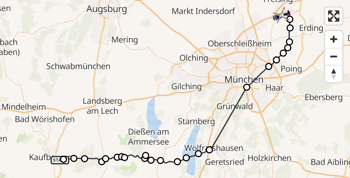 Flugroute Polizeihubschrauber Mauerstetten - München Flughafen, 09 Juli 2026, 16:08