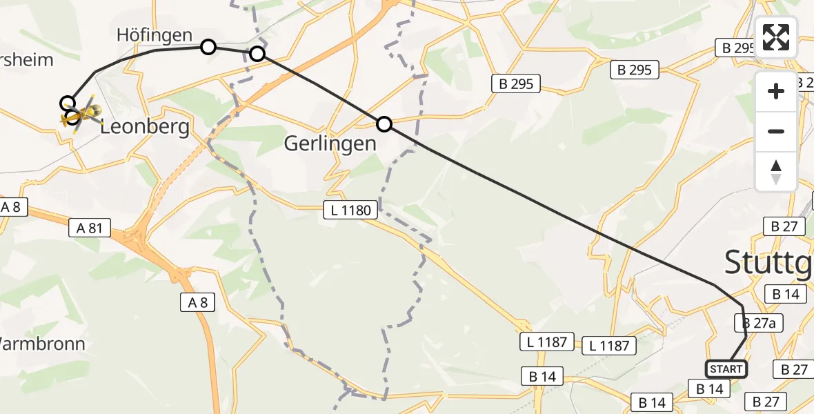 Flugroute Rettungshubschrauber Stuttgart - Leonberg Hospital, 09 Juli 2026, 16:08