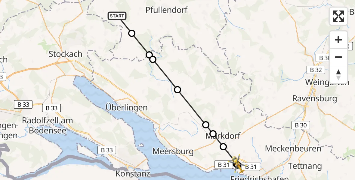 Flugroute Rettungshubschrauber Wald - Friedrichshafen Hospital, 09 Juli 2026, 16:09