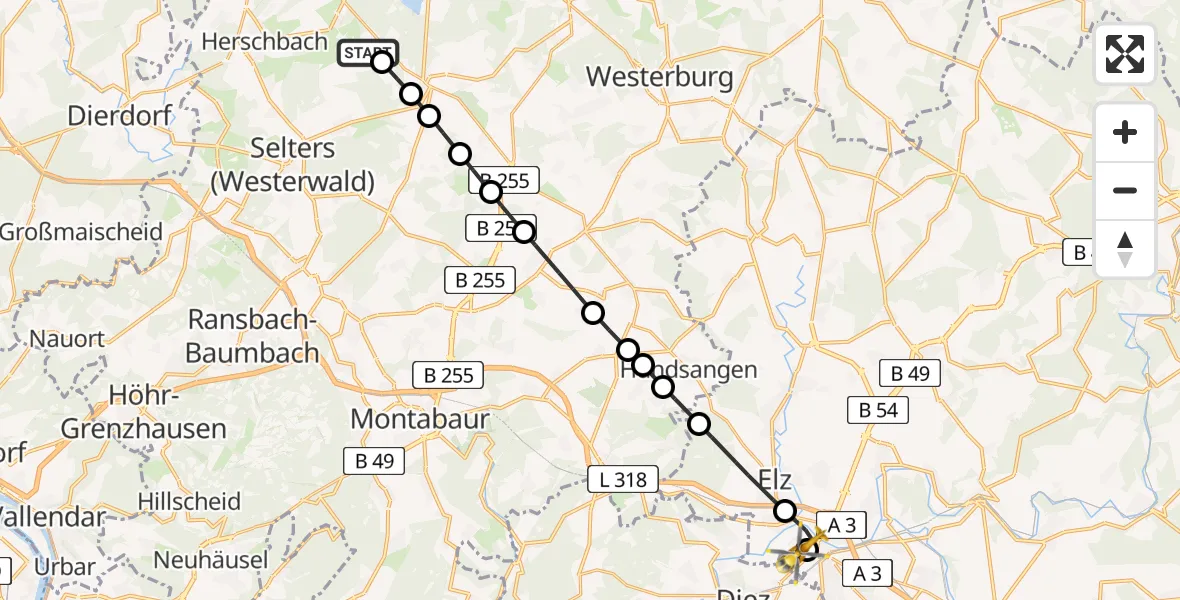 Flugroute Rettungshubschrauber Hartenfels - Saint Vincent Hospital Limburg, 09 Juli 2026, 16:10