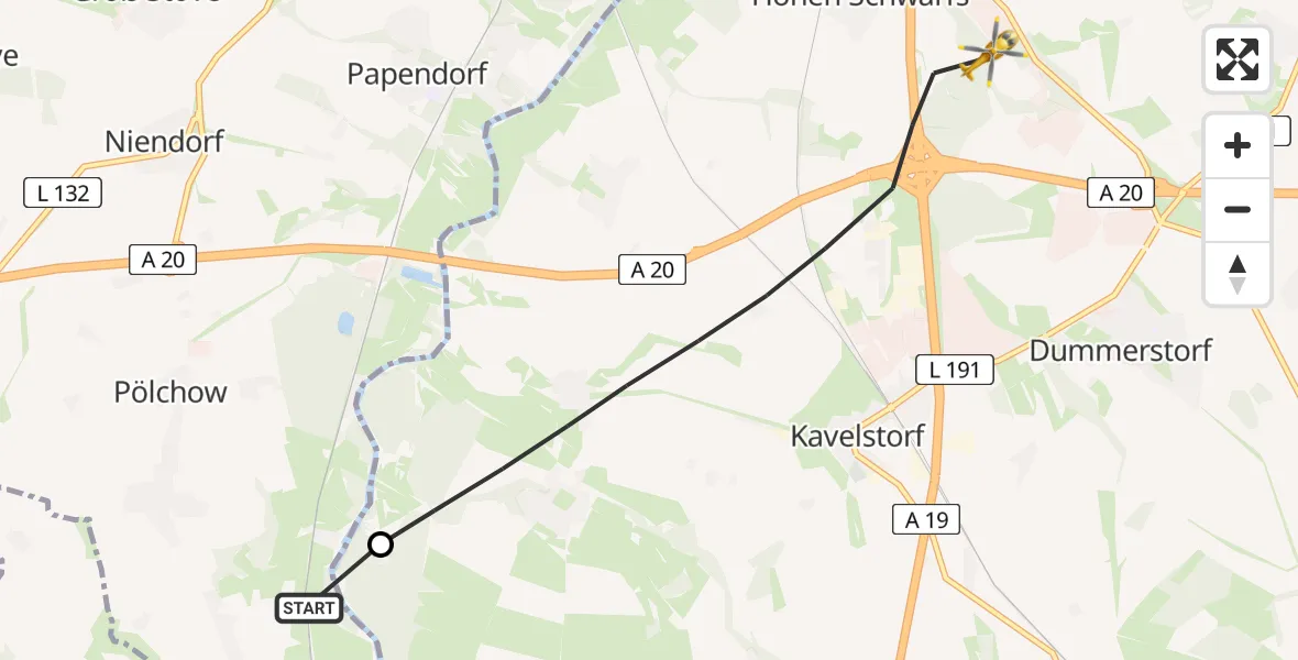 Flugroute Ambulanzhubschrauber Pölchow - Dummerstorf, 09 Juli 2026, 16:11