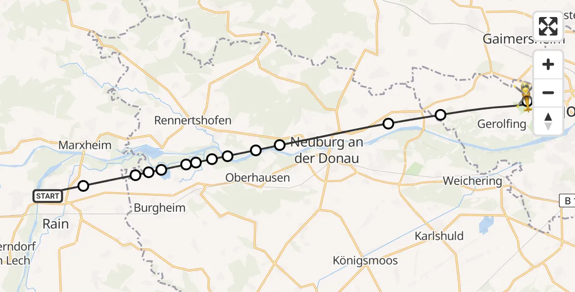 Flugroute Rettungshubschrauber Niederschönenfeld - Ingolstadt Hospital, 09 Juli 2026, 16:12