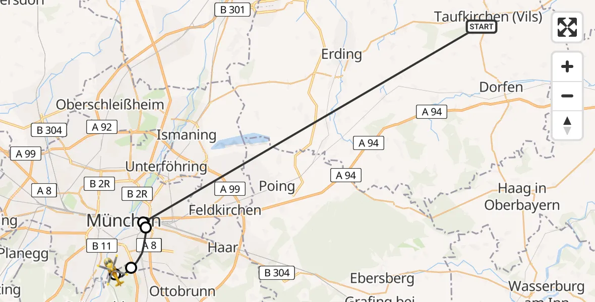 Flugroute Rettungshubschrauber Taufkirchen (Vils) - ADAC Air Rescue Center Hubschrauberlandeplatz (Christoph 1), 09 Juli 2026, 16:15