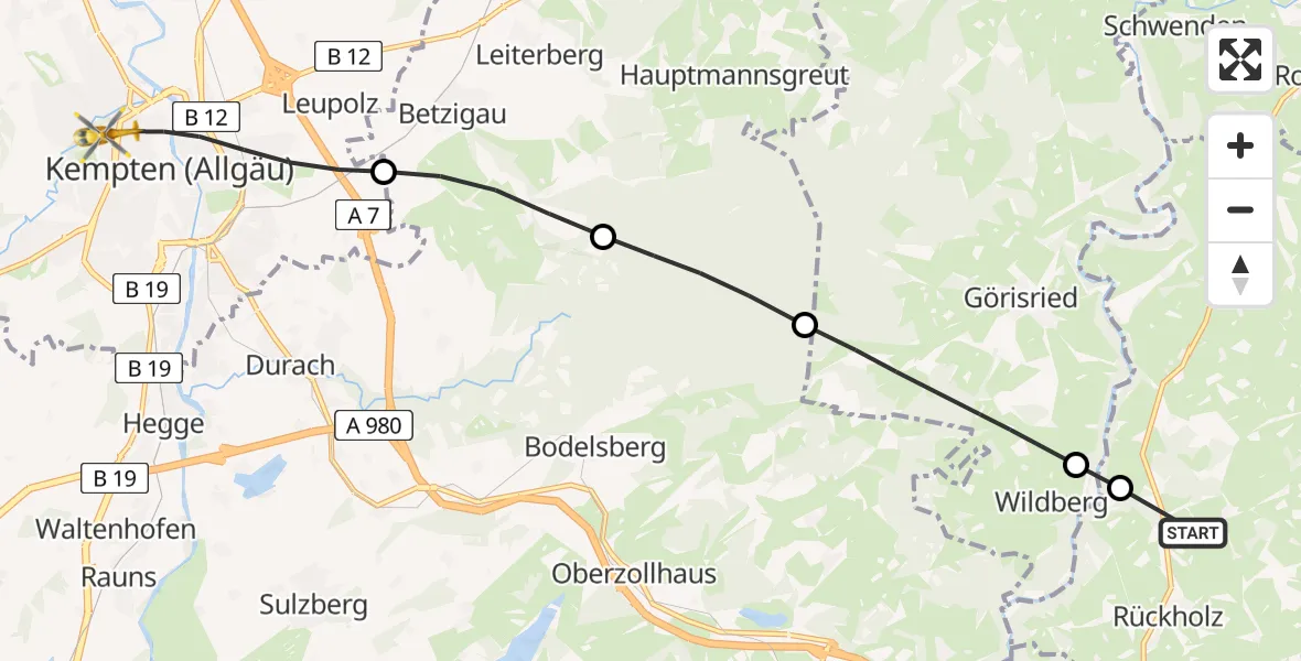 Flugroute Rettungshubschrauber Rückholz - Kempten (Allgäu), 09 Juli 2026, 16:16
