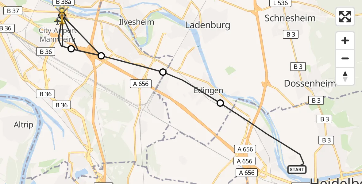 Flugroute Rettungshubschrauber Heidelberg - Mannheim-City Flughafen, 09 Juli 2026, 16:17