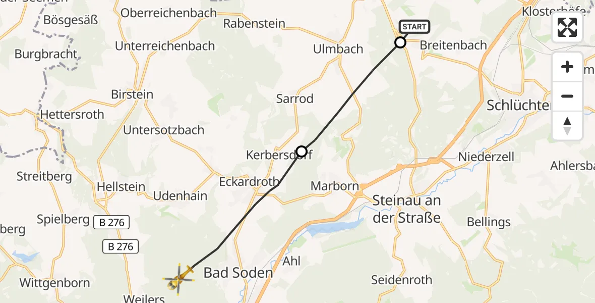 Flugroute Rettungshubschrauber Schlüchtern - Bad Soden-Salmünster, 09 Juli 2026, 16:19