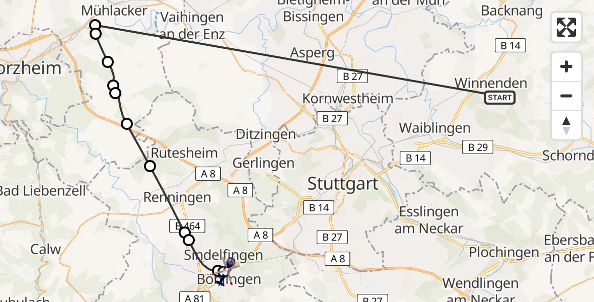 Flugroute Polizeihubschrauber Winnenden - Böblingen, 09 Juli 2026, 16:23