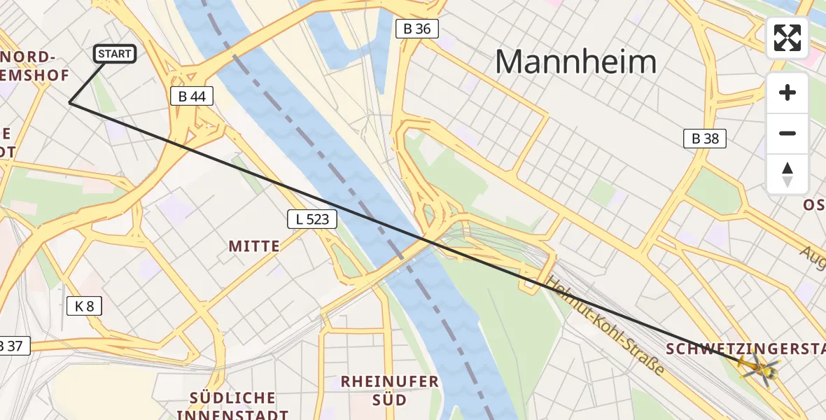 Flugroute Ambulanzhubschrauber Ludwigshafen am Rhein - Mannheim, 09 Juli 2026, 16:24