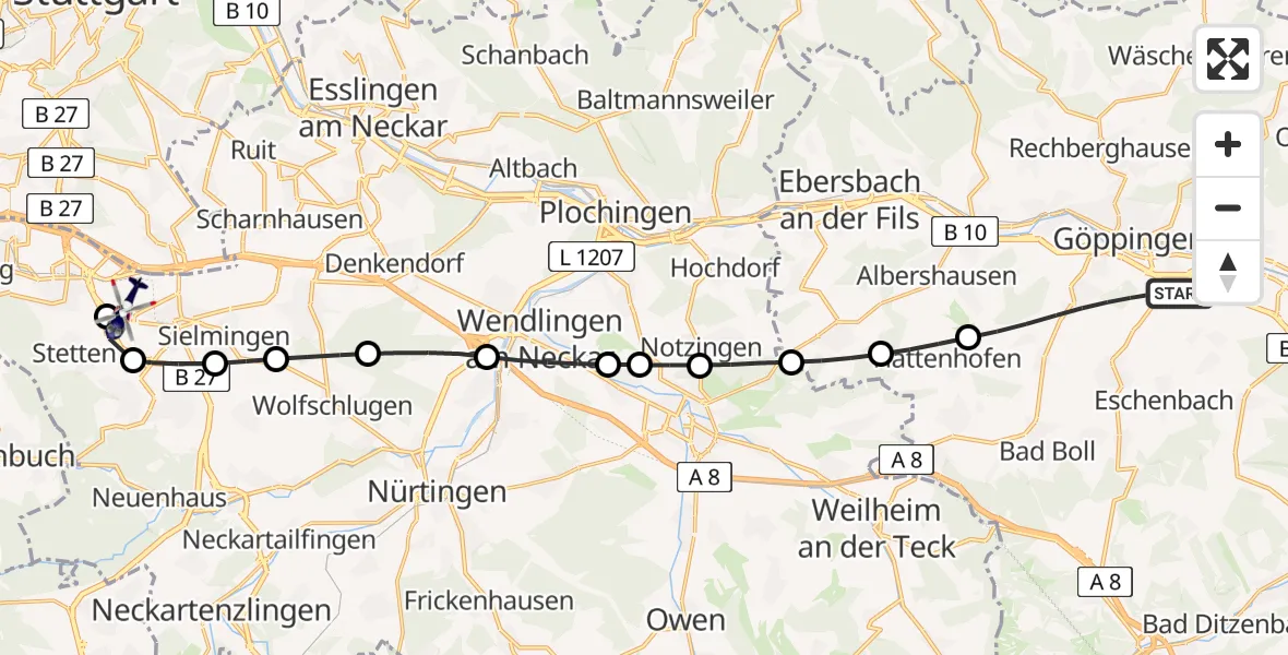 Flugroute Polizeihubschrauber Göppingen - Flughafen Stuttgart, 09 Juli 2026, 16:24
