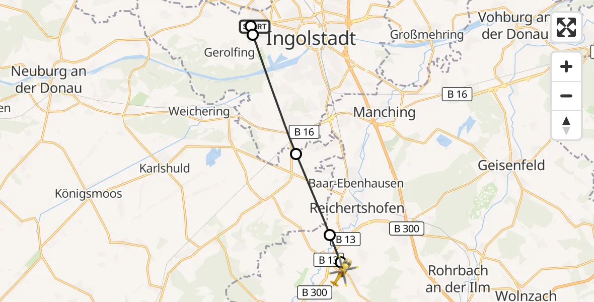 Flugroute Rettungshubschrauber Ingolstadt Hospital - Pörnbach, 09 Juli 2026, 16:27