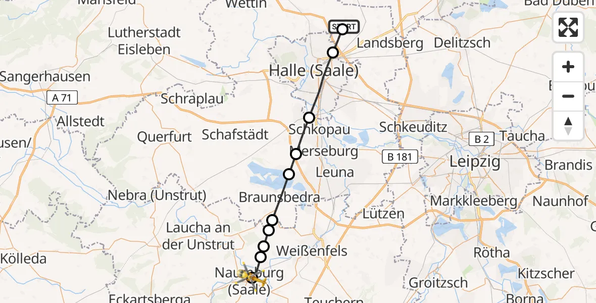 Flugroute Rettungshubschrauber Halle-Oppin Flugplatz - Naumburg Krankenhaus Hubschrauberlandeplatz, 09 Juli 2026, 16:27