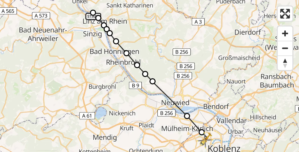 Flugroute Rettungshubschrauber Remagen - Koblenz, 09 Juli 2026, 16:29