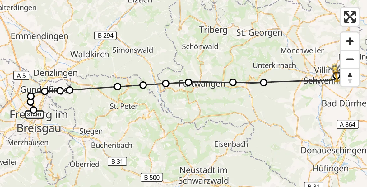 Flugroute Ambulanzhubschrauber Freiburg University Hospital Heliport 2 - DRF Air Rescue Station Villingen-Schwenningen Hubschrauberlandeplatz (Christoph 11), 09 Juli 2026, 16:35