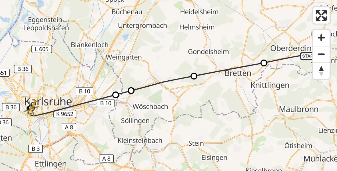 Flugroute Ambulanzhubschrauber Oberderdingen - Sankt Vincentius Hospital, 09 Juli 2026, 16:41