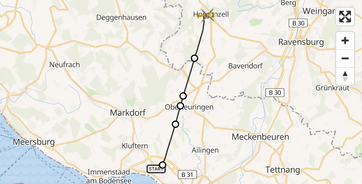 Flugroute Rettungshubschrauber Friedrichshafen Hospital - Horgenzell, 09 Juli 2026, 16:43