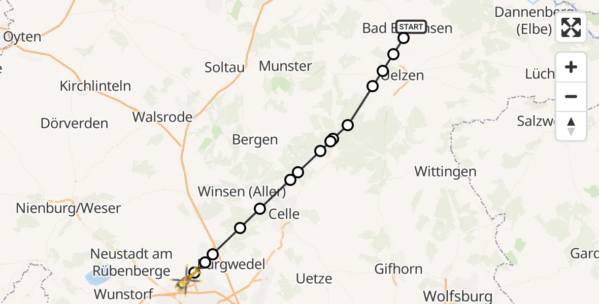 Flugroute Rettungshubschrauber Bad Bevensen - Flughafen Hannover, 09 Juli 2026, 16:43