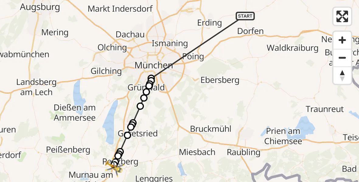 Flugroute Rettungshubschrauber Taufkirchen (Vils) - Sindelsdorf, 09 Juli 2026, 16:44
