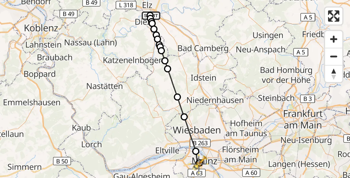 Flugroute Rettungshubschrauber Saint Vincent Hospital Limburg - Mainz University Hospital, 09 Juli 2026, 16:44