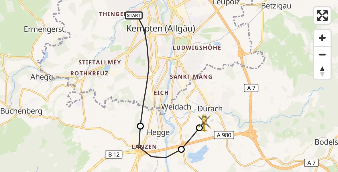 Flugroute Rettungshubschrauber Kempten (Allgäu) - Kempten-Durach Flugplatz, 09 Juli 2026, 16:45
