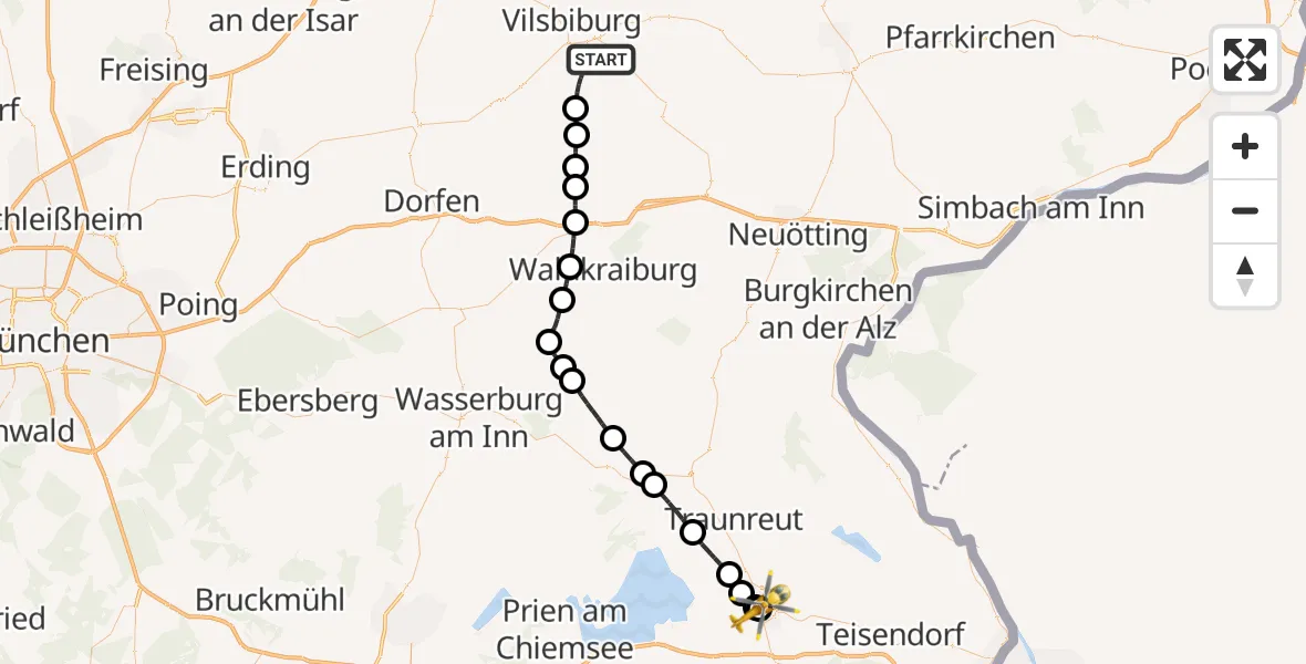 Flugroute Rettungshubschrauber Bodenkirchen - Traunstein Hospital, 09 Juli 2026, 16:49