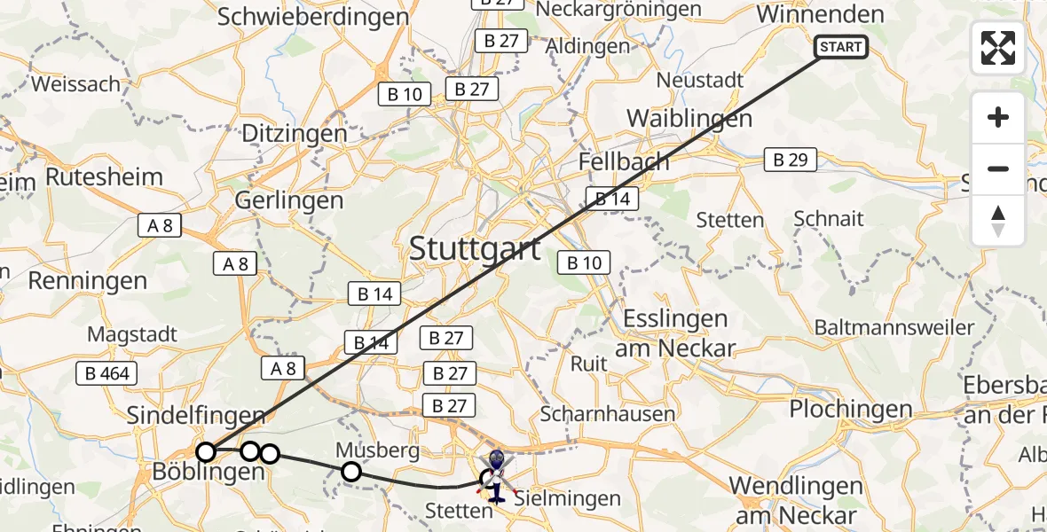 Flugroute Polizeihubschrauber Winnenden - Flughafen Stuttgart, 09 Juli 2026, 16:50